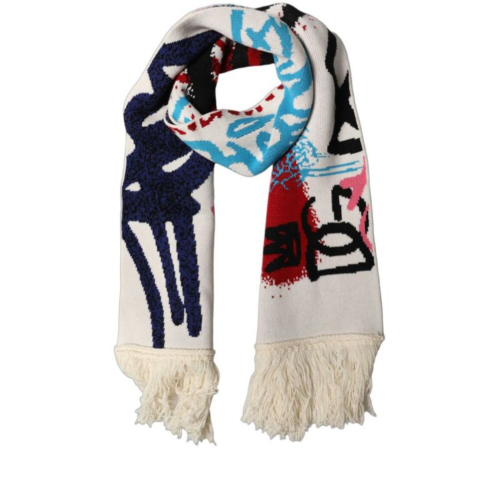 Dolce & Gabbana White Graphic Cashmere Fringed Shawl Men's Scarf